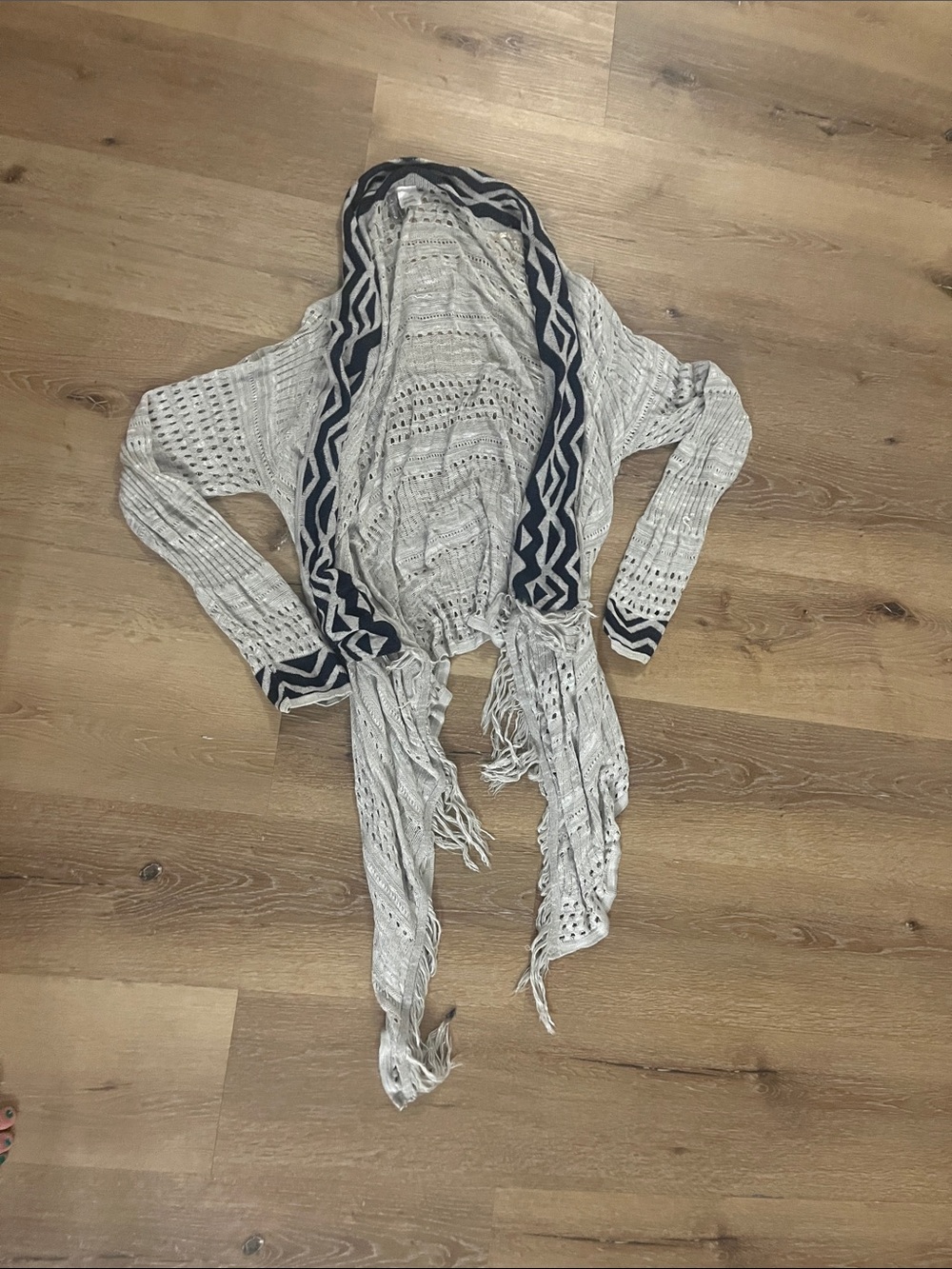 Vanity Open-Knit Fringe Cardigan in Light Gray with Navy Trim